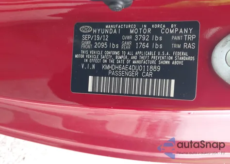 2013 Hyundai Elantra Se z USA, uszkodzony, nr VIN KMHDH6AE4DU011889